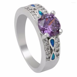 Eheringe Silber Farbe Damen Luxus Verlobungsschmuck Eleganter Modeschmuck Natürlicher Opal Stein gepflastert Lila Cz Zirkon