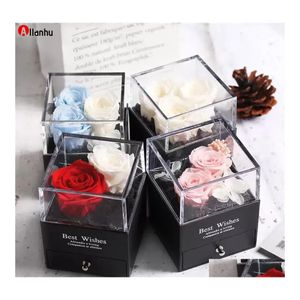 Decorative Flowers Wreaths 2021 Preserved In Glass Dome Eternal Rose Decoration Red Ecuador Gift Box Can Put Ring Valentines Day B Dhu6S
