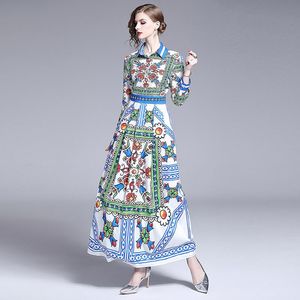 Vestidos casuais Primavera 2023 Vestido feminino Retro National Style Graceful Lapeel Fashion Print Slim Sleeved Long com chinês