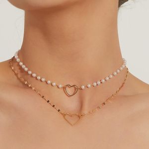 Chokerhalsketten Mode Vintage Perlenketten für Frauen Mehrschichtige Kette Kristall Herz Anhänger Charm Gold Böhmischer Schmuck