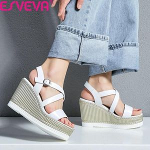 Sandaler Platform Rom Fashion Ladies Pumps Cow Leather Buckle Summer Women Shoes Wedge High Heel Open-Toed Size34-39
