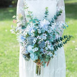 Bruiloft bloemen sesthfar hemelsblauwe bloem kunstmatige bruid boeketten verse groene planten bruids boeket fleur bleu ramo de novia