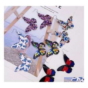 Dangle Chandelier Fashion Designer Pu Leather Earrings Colorf Butterfly Pattern Double Side Printed Hook For Women Summer Jewelry Dh0Ty