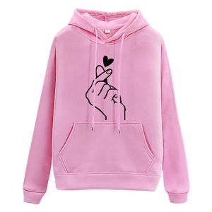 Harajuku Women's Sweatshirt and Hoody Ladies Oversize K Yellow Pink Love Heart Finger Hood Casual Hoodies for Women Girls290u