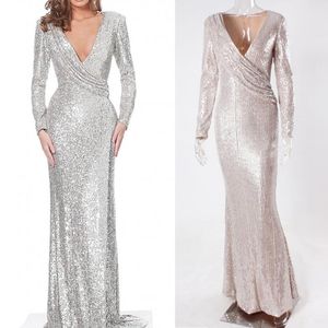 Abiti casual Sparkly argento paillettes maniche lunghe donna abito elegante 2023 moda sexy scollo a V increspato avvolgente aderente wedding party designer