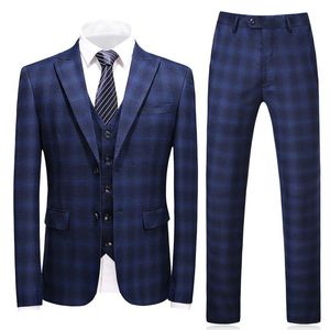 Herrenanzüge Blazer Plyesxale 3 Stück Karierter Anzug Männer 2023 Slim Fit Marineblau Königsblau Hochzeit S-5XL Marke Designer Business Kleid Smoking