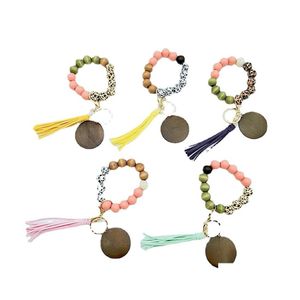 Key Rings Leopard Wood Beads Bracelet Ring With Tassel Circle Fashion Elastic Keychains For Lady Handbag Pendant Jewelry Q403Fz Drop Dhi78