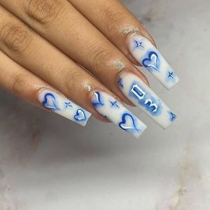 False Nails 24PCS Blue Heart Star Long Coffin Press On Set Acrylic Fake Full Cover Nail Art Supplies For Professionals