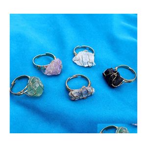 Bandringe Natürlicher Kristallsteinring Irregar Wire Wrap Frauen Männer Heilung Amethysts Fluorit Goldfarben Resizable Quarz Tropfen liefern Dhjdr