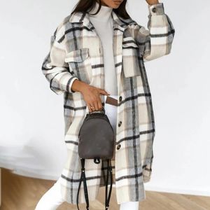 Combinações de lã feminina Jaquetas quadriculadas de inverno Moda feminina Casual Oversized Gola virada para baixo Roupas exteriores grossas e quentes Sobretudos de lãW