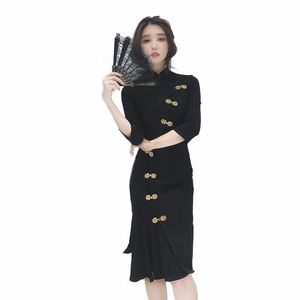 bodycon jurk zwarte retro fluweel met lange mouwen verbeterde dames Chinese jurken2400