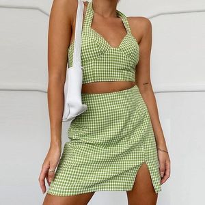 Skirts High Waist Sexy Mini A Line Skirt 2023 Plaid Print Suit Summer Women Green 2 Two Piece Set Halter Neck Sleeveless Y2k Crop TopsSkirts