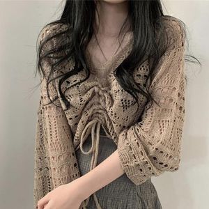 Женские свитера 2023333auld в корейском стиле женские топы Hollowelegant Smostred v-образный джампер с длинным рукавом дикий случайный женский вязаный пот
