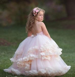 Girl Dresses Girl's Cute Pink Flower Spaghetti Floral Applique Backless Pageant Gown Children Birthday