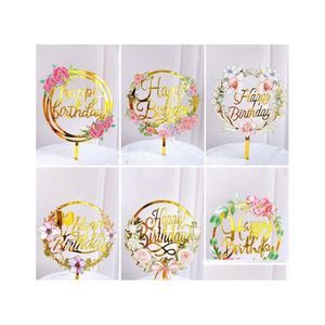 Cake Tools Topper Light Flower Happy Birthday Inserted Card Acrylic Elegant Font Party Baking Decoration Supplies Drop Delivery Home Dhy6K
