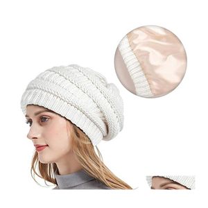 Beanie/Skull Caps Moda Autunno Inverno Addensato Cappelli caldi per le donne con fodera in raso elastico Cappello lavorato a maglia di lana geometrica Solid Han Otmpv