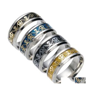 Band Rings Stainless Steel Pirate Style Mens Punk Skl Skeleton Knife Pattern Titanium Ring For Women Fashion Jewelry Drop Delivery Dhd62