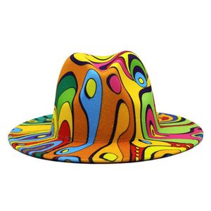 Breda brimhattar 2023 Panama brittiska män kvinnor färgglada mönster clown höst vinter kände damer trilby hatt elegant fascinator jazz topp mössor