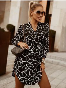 Casual Dresses Spring Autumn Women Dress Sexy Mini Print Shirt Fashion V-Neck-knapp Lace Up Holiday Beach Party for Femmecasual