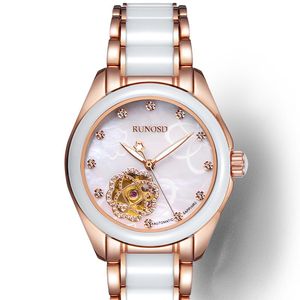 Armbanduhren Damenuhr Elegante Mode Roségold Zirkon Muschel Zifferblatt Miyota Mechanisches Uhrwerk Edelstahl Keramikarmband 8158L