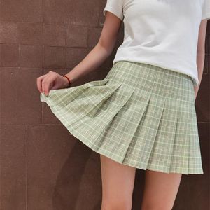 スカートoem xs-xxl春夏女性学生女の子縞模様のプリーツウエスト女性甘いミニダンス格子縞の黒い白いピンクスカート