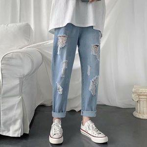 Men's Jeans High Quality Streetwear Designer Men Hip Hop Stitching Ripped Denim Pants Teenager Loose Straight Hole TrousersMen's