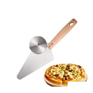 Bakning av konditoriverktyg Pizza Cutter Server Slicer Rostfritt stål Hjulblad Knivspade med trähandtag för brödpaj våfflor D DH7ZE