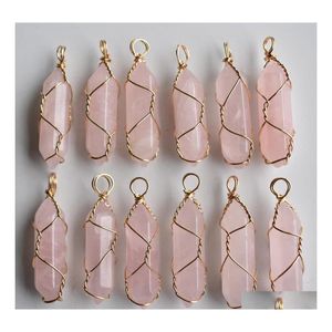 Konst och hantverk Natural Stone Pink Quartz Pillar Shape Point Handgjorda järntrådhängen för smycken halsband örhängen som gör droppe dhdfs