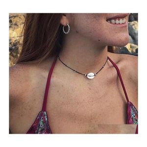 Pendant Necklaces Wholesale Bohemian Women Jewelry Simple Black Rope Chain Sier Color Beads Shell Clavicle Choker Necklace Beach Acc Dhcvu