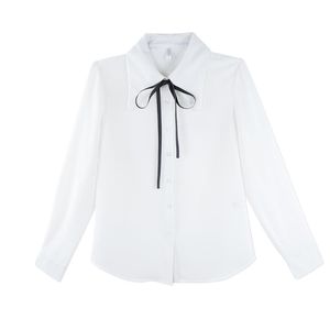 Kvinnors blusar skjortor Neatie Kiddie Office Ladies 2023 Spring Bow Tie White Blouse Shirt Topps Women kläder Turn-Down Collar Chiffon Blusa