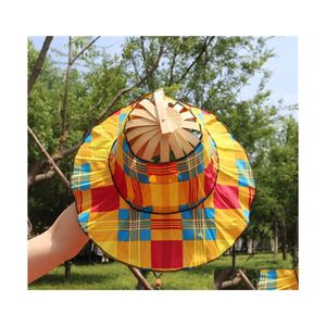Geniş Memlu Şapkalar Bambu Katlanabilir El Fan Fan Güneş Şapkası Kadınlar Sunhat 2'de 1 Çin tarzı Çerçeve Çiçek Baskı 3441 Q2 Damla Teslimat FA DHQWF