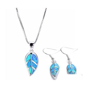 Earrings Necklace Fashion Leaves Accessories Set For Women Imitation Blue Fire Opal Plant Pendant Wedding Jewelry C3 Drop Delivery Dhcs5