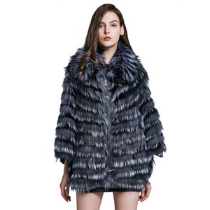 Women's Fur & Faux Luxury Lady Real Strip Sewed Coats Jacket Batwing Sleeve Autumn Winter Genuine Women Outerwear LF5101Women's Women'sWomen