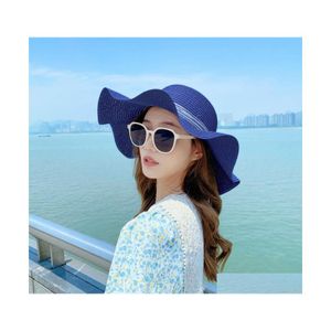 Wide Brim Hats Ribbon Pearl Panama St Hat Women Folds Summer Bow Beach Style Fisherman Female Male Sunhat Lady 3462 Q2 Drop Delivery Dhs5Z