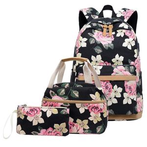Buitenzakken Casual Black Pink Floral Zipper School Backpack Leuke Daypack Book Bag Lunch Bag Tas 3 -delige set Tiener /E