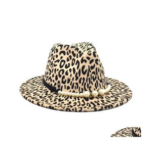 Geniş Memlu Şapkalar Moda Retro Leopar Baskı İnci Caz ​​Top Şapka Kış İmitasyonu Yün Yün Bayanlar Çok yönlü Fedora Panama 3608 Q2 Drop de DH0KL