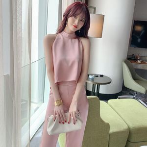 Kvinnors träningsdräkter Fashion Office Lady Set Women Summer Elegant Satin Loose Sleeveless Pink Temperament Tops Long Pants Evening Female 2 Pie