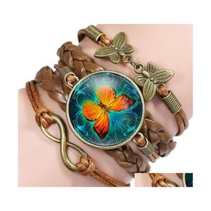 Charm Bracelets Vintage Butterfly Leather For Women Glass Cabochon Animal Weaving Rope Wrap Bangle Fashion Jewelry Gift Drop Delivery Otsla