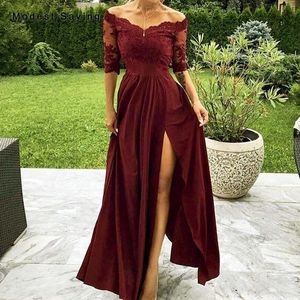 Abiti da festa Sexy vino rosso A-Line con scollo a V in pizzo da sera 2023 con spacco con cerniera formale da donna in chiffon a mezza manica abiti da ballo