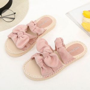 Slippers 2023 Women Flax Summer Casual Slides Beach Shoes Ladies Indoor Home Linen Floral Bow-knot Flip Flops