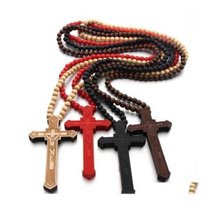 Pendant Necklaces Wooden Cross Men Christian Religious Wood Crucifix Charm Rosary Beads Chains For Women Hip Hop Jewelry Gift Drop D Otdis