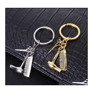 Key Rings Jewelry Personality Couple Chain Hair Dryer Combs Scissors Pendant Keychains Tools Stylist Scissor Blow Ring Christmas Dro Dhqjz