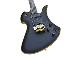 Lvybest E-Gitarre mit ungewöhnlicher Form, schwarzem Korpus und goldener Hardware, gelbem Griffbrett aus Palisander