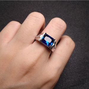 Män ringer europeisk och amerikansk stil geometrisk affärsblå konstgjord kristall gentleman vit guld pläterad zirkon diamant pojkvän bröllop ring gåva justerbar