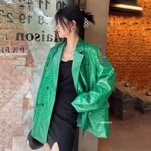 Women's Leather & Faux Spring Autumn Fashion Green PU Blazer Notched Loose Single Breasted Long Sleeve Suit JacketWomen's