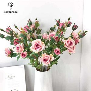 Fiori nuziali Bellissimi mazzi di rose e peonie Seta artificiale Ramo lungo Bouquet rosa Decorazioni per la casa invernale Finto