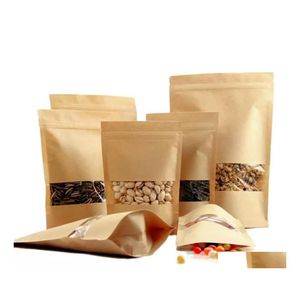 Bolsas de embalagem 100 PCs/lote Kraft Paper Bag Zipper Stand Up Food Alimentos ￠ prova de umidade de veda￧￣o reutiliz￡vel bolsas com queda de janela transparente de dhseu