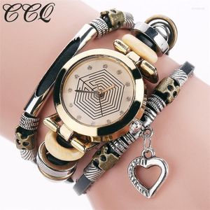 Pulseira de pulso Brand Vintage Cow Leather Bracelet Watches Casual Women Crystal Love Heart Pingente Quartz Assista Relogio femininowristwatches