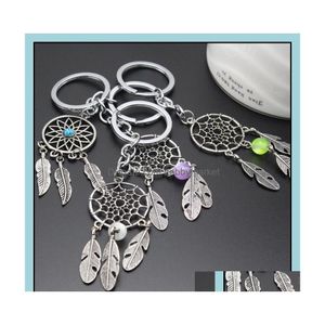 Nyckelringar smycken mode gåva svarta pärlor dreamcatcher fjäder vind Chimes Dream Catcher Chain Women Vintage Indian Style Keychain Dhuyg