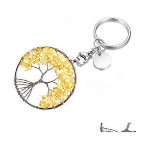 Key Rings Natural Broken Stone 5Cm Wrap Tree Of Life Keychains Healing Rose Crystal Car Decor Keyholder For Women Men Drop Delivery J Dhmf4